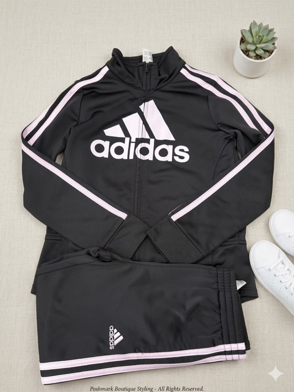 Girl’s Adidas Black Track Jacket & Pants with Light Pink Trim Size 6
